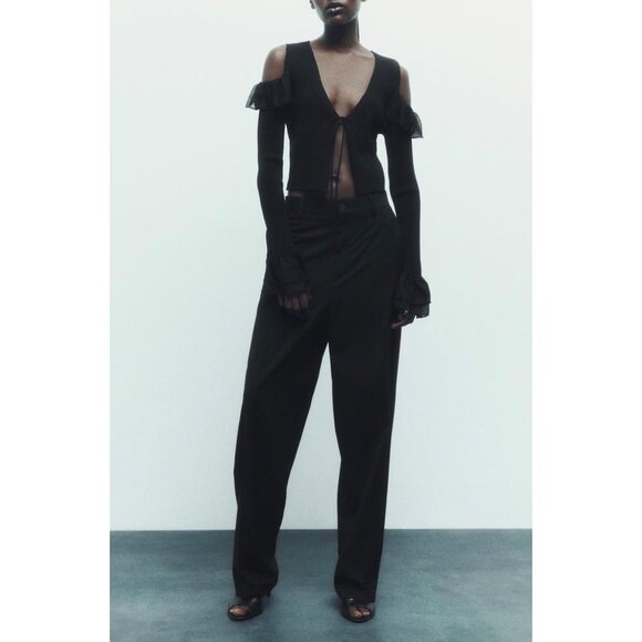 NWT Zara Tie Front Ruffle Ribbed Knit Cardigan Top in Black Witchy Size Small - Picture 11 of 11